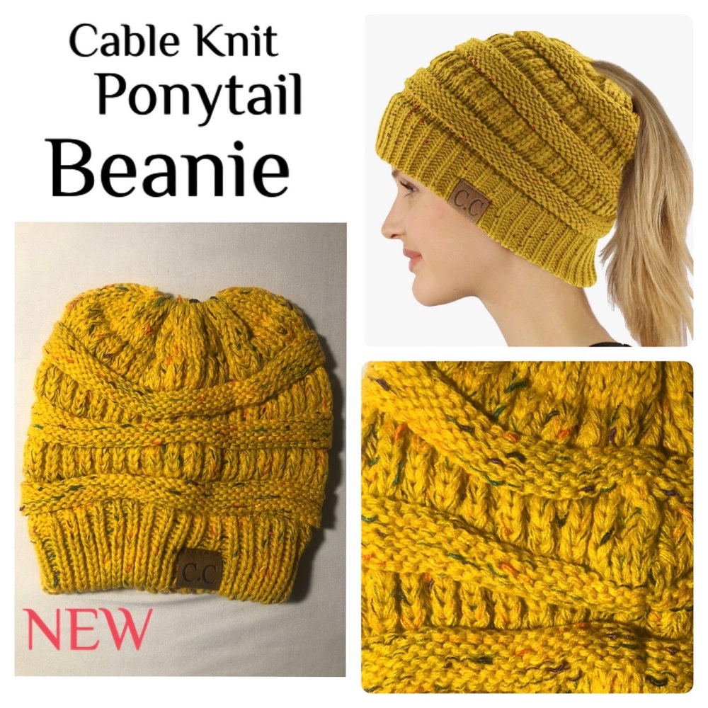 CC NEW Cable Knit Ponytail Beanie - Mustard